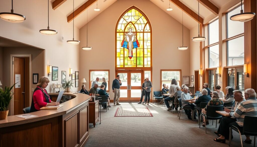 a serene, well-lit interior of a Lutheran community center, featuring a reception desk in the foreground with a welcoming attendant, a large stained glass window in the middle ground providing a warm, faith-inspired ambiance, and groups of people engaged in various faith-based activities like counseling, support groups, and educational sessions in the background, conveying a sense of community, inclusion, and spiritual well-being.