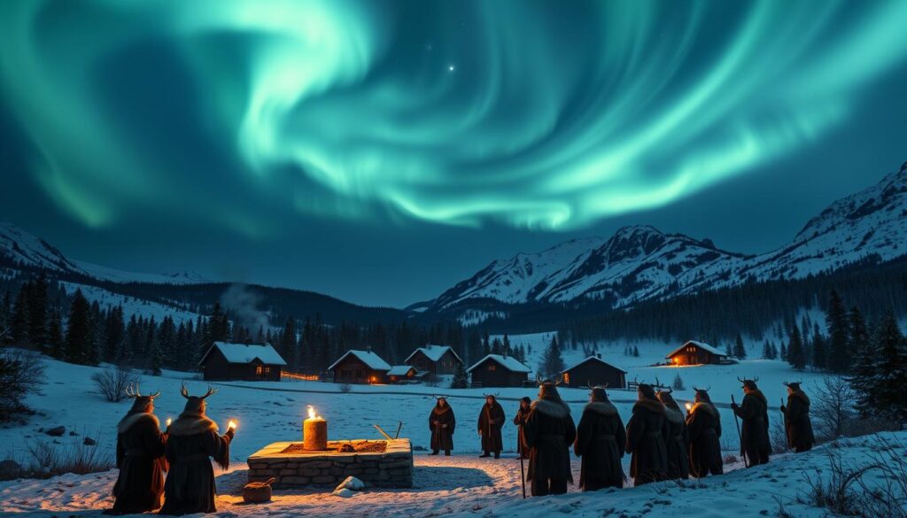 a twilight winter scene in the mountains of sweden, with a remote village nestled in the valley below. in the foreground, a group of nordic people dressed in fur cloaks and antler headdresses gather around a large stone altar, performing an ancient pagan ritual under the glow of torchlight. the sky is filled with swirling aurora borealis, casting an ethereal light over the snowy landscape. in the middle ground, traditional timber longhouses are visible, smoke rising from their chimneys. in the background, dark pine forests and rugged, snow-capped peaks loom. the overall atmosphere is one of mysticism, tradition, and the gradual transition from old norse beliefs to the emerging christian faith.