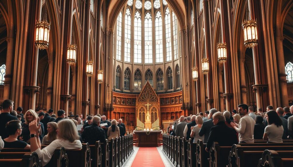 a vast and majestic cathedral, its towering spires reaching towards the heavens, bathed in the warm glow of natural light streaming through ornate stained glass windows. In the central nave, a congregation of worshippers gathers, their faces filled with reverence and awe as they raise their voices in hymns of praise, the acoustics of the space creating a harmonious and ethereal atmosphere. Pews line the aisles, carved from rich, dark wood, and the altar stands before the faithful, adorned with intricate religious symbols and candles that flicker softly. The scene exudes a sense of timeless tradition and community, capturing the essence of the Protestant church experience in Fort Worth, Texas.