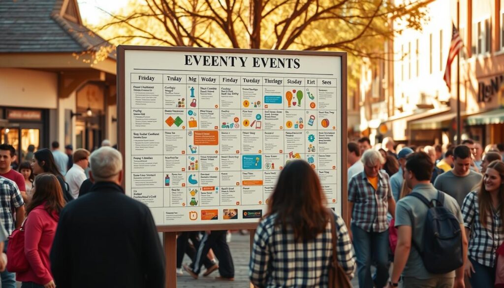 a vibrant community events calendar featuring an array of colorful icons and symbols representing various local gatherings, set against a warm, inviting background with a sense of movement and energy. the calendar is displayed on a large, prominent bulletin board in the center of a bustling town square, with people of all ages and backgrounds milling about, engaged in conversation and lively interactions. the lighting is soft and natural, with a golden hue that adds to the welcoming atmosphere. the overall scene conveys a strong sense of community, connection, and the rich tapestry of local events and activities that bring people together.
