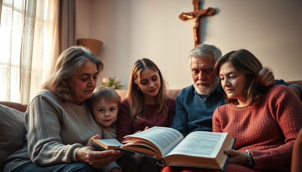 a warm, family gathering in a cozy living room, with soft lighting filtering through lace curtains. a group of parents and children sitting together, reading from a well-worn Bible and sharing a sense of reverence and community. in the background, a wooden crucifix hangs on the wall, casting a gentle glow. the faces of the family members are thoughtful and serene, conveying a deep, abiding faith. the scene is captured with a shallow depth of field, emphasizing the intimate, sacred nature of their shared experience.