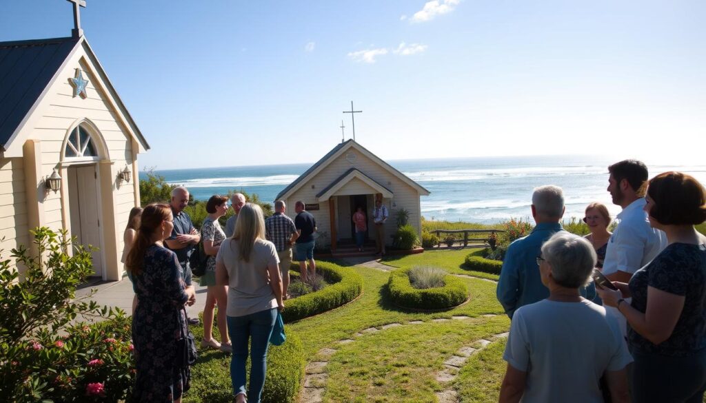 a warm, inviting scene of a local Christian community on the Gold Coast, Australia. In the foreground, a group of people of diverse ages and ethnicities are gathered outside a charming, traditional church building, engaging in friendly conversation and fellowship. The middle ground features a well-maintained, lush garden with a meandering path leading to the church entrance. In the background, a serene coastline with gently rolling waves and a clear, blue sky create a peaceful, picturesque atmosphere. The lighting is soft and natural, evoking a sense of calm and community. The overall scene conveys a welcoming, inclusive, and vibrant Christian community, reflecting the diverse population of the Gold Coast.