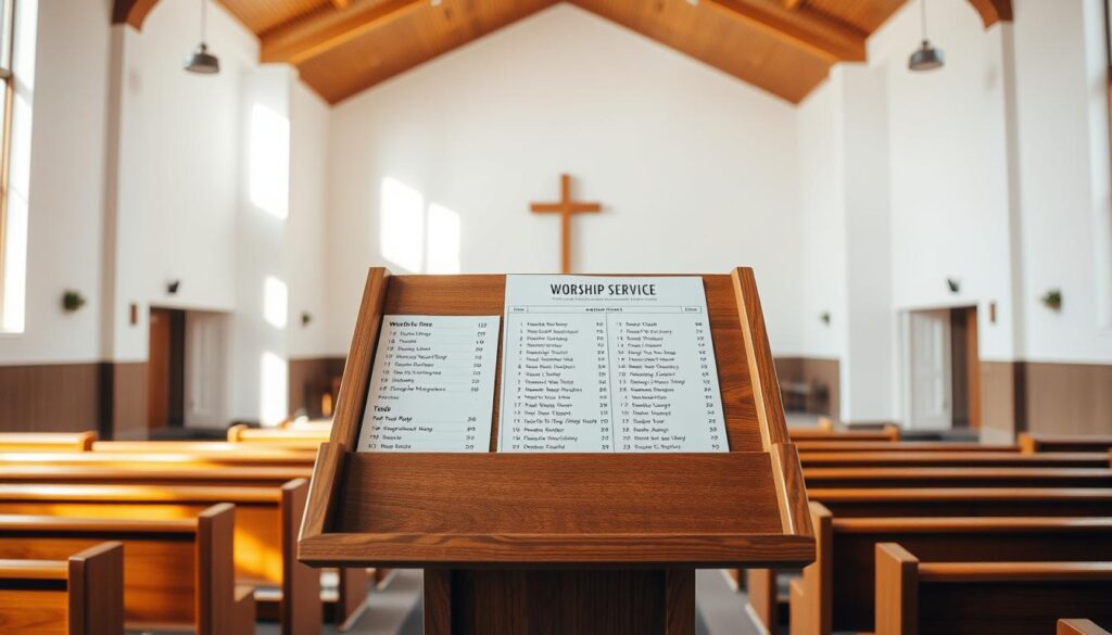a well-lit, modern church interior with wooden pews and a minimalist design, natural light streaming in through large windows, a simple yet elegant altar at the front, on the altar is a beautifully crafted, wooden lectern displaying a neatly organized worship service schedule with clear, legible typography, the schedule is presented in a clean, organized manner, the overall atmosphere is serene and inviting, conveying a sense of reverence and devotion