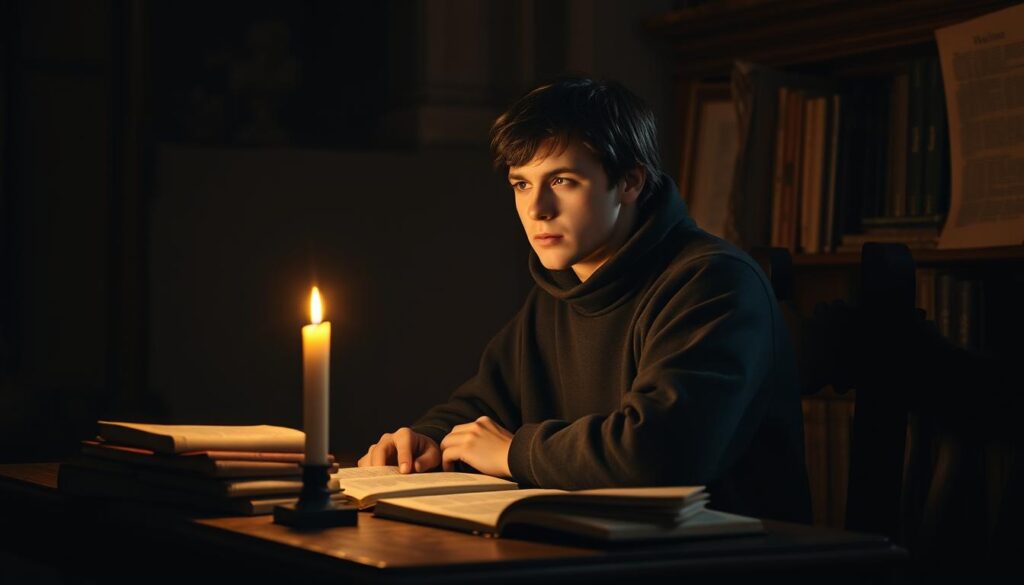 a young Martin Luther, in the early 16th century, sitting at a wooden desk in a dimly lit study, surrounded by books and parchments. The scene is illuminated by a single candle, casting warm, flickering light on his pensive expression as he contemplates his studies. The background is subdued, with hints of architectural details suggesting an academic setting, conveying a sense of scholarly focus and contemplation. The overall mood is one of intellectual rigor and the beginnings of a spiritual journey that would shape the course of the Reformation.