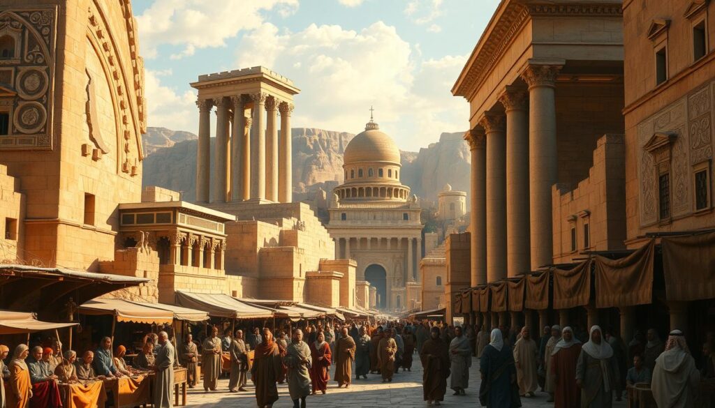 biblical cultural context, renaissance-style painting depicting ancient middle eastern city with towering marble temples, stone buildings, and bustling market stalls in the foreground, people in traditional robes and headdresses going about their daily lives, warm afternoon sunlight casting long shadows, muted color palette of ochres, terracottas, and blues, detailed textures of stone and fabric, wide angle lens capturing the grand scale and architectural splendor of the scene