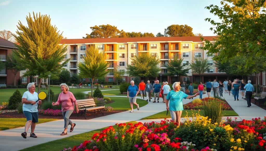 high-quality image of an active senior community in the USA, with a warm and lively atmosphere. A vibrant foreground depicts elderly residents engaged in various physical and social activities, such as playing pickleball, walking with friends, and participating in group exercises. The middle ground showcases a well-maintained campus with colorful gardens, benches, and shaded pathways, inviting exploration. In the background, a modern, yet welcoming apartment building stands, surrounded by verdant trees and under a soft, golden-hour lighting. The scene conveys a sense of community, wellness, and independent living, reflecting the high quality of life and social engagement for the residents.
