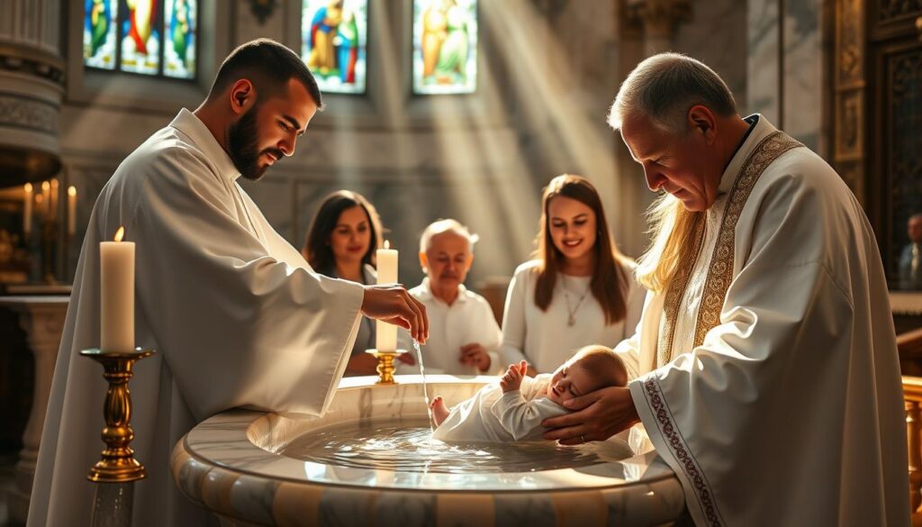 A Catholic baptismal ritual unfolds, the sacred font's tranquil waters reflecting the soft candlelight. A priest, robed in flowing white vestments, carefully pours the blessed liquid over the forehead of a newborn child, welcoming them into the faith. Sunlight streams through stained glass windows, casting a warm, reverent glow across the marble sanctuary. The infant's parents and godparents stand nearby, expressions of joy and wonder upon their faces, as the ceremony ushers in a new member of the church. An atmosphere of solemnity and spiritual rebirth permeates the scene.