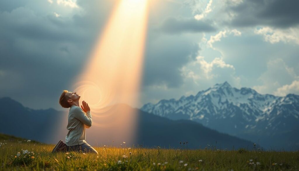 A beam of ethereal light descends from a heavenly sky, illuminating a serene landscape. In the foreground, a devout individual kneels in reverence, their face upturned, bathed in the warm glow of the Holy Spirit's guidance. Swirling wisps of celestial energy emanate from the luminous source, creating a sense of divine connection and spiritual awakening. The middle ground features a tranquil, grassy meadow, with delicate wildflowers dotting the scene. In the background, a majestic, snow-capped mountain range stands as a symbolic representation of the grandeur and majesty of the Lord. The overall atmosphere conveys a profound sense of spiritual enlightenment and the comforting presence of the Holy Spirit in one's daily life.