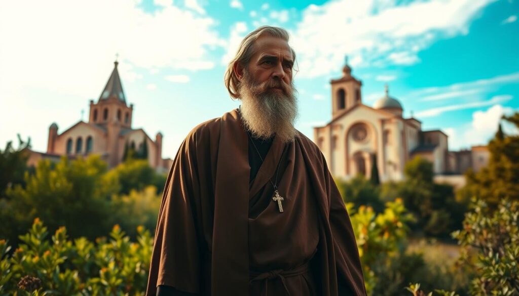 A bearded holy man in a flowing robe, standing in a lush, verdant landscape. Soft, warm lighting illuminates his serene, contemplative expression. In the background, a grand, ancient stone church, its spires and domes rising majestically against a vibrant azure sky. The scene evokes a timeless, spiritual atmosphere, capturing the essence of St. Maron and the rich, enduring heritage of the Maronite Catholic tradition.