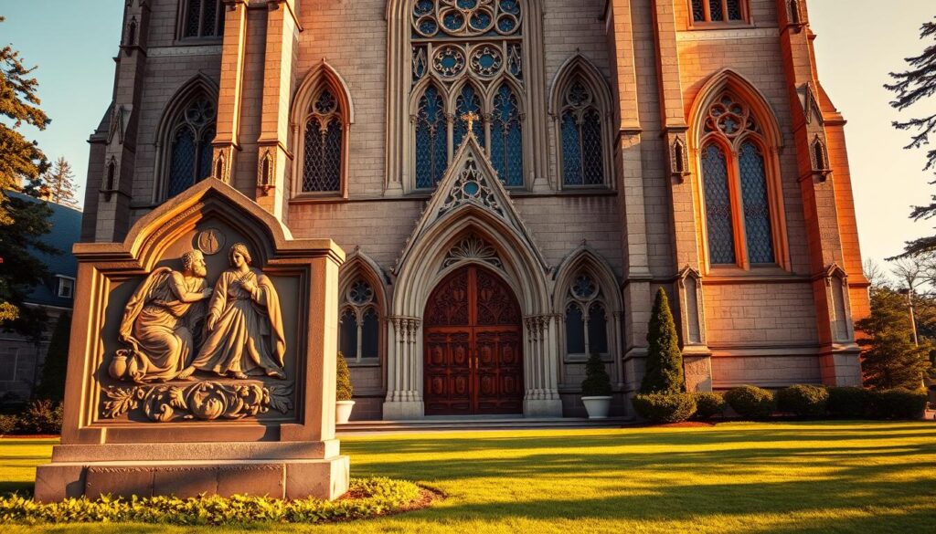 A beautifully ornate, Gothic-style Catholic church facade, with intricate stone carvings and stained glass windows. The main entrance is flanked by towering spires, casting long shadows across the front plaza. In the foreground, a detailed stone relief depicts religious imagery. The lighting is warm and golden, creating a reverent, spiritual atmosphere. The middle ground showcases an elaborately carved wooden door, the entrance to the church. In the background, an expansive grassy lawn leads up to the church, with manicured shrubs and trees lining the perimeter. This is the setting for the mass schedule at St. Boniface, a place of profound faith and community.