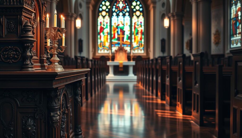 A beautifully ornate wooden altar in the foreground, adorned with intricate carvings and a glowing candelabra. In the middle ground, a marble pulpit and pews arranged in neat rows, casting warm shadows across the polished floors. The background features stained glass windows, their vibrant colors casting a serene, contemplative ambiance. Soft, directional lighting illuminates the scene, accentuating the architectural details and the solemn, reverent atmosphere of the church. The overall composition conveys a sense of tranquility, spirituality, and the timelessness of Catholic ritual practices.