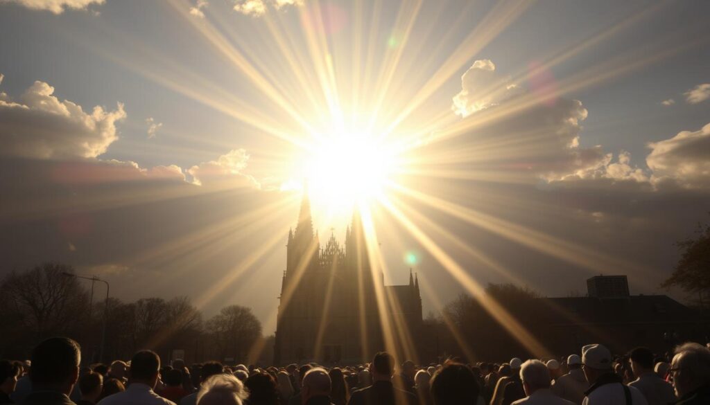 A bright, celestial phenomena in the sky over a Catholic church, with sunbeams radiating outwards in a dazzling display. The church is seen in the middle distance, its gothic architecture bathed in an otherworldly glow. In the foreground, crowds of people are gathered, awestruck expressions on their faces as they witness this miraculous event. The sun appears to pulse and dance, its light refracting through the atmosphere in mesmerizing patterns. Vibrant shafts of sunlight pierce the clouds, creating a sense of divine intervention. The mood is one of reverence and wonder, as if heaven and earth have momentarily converged.
