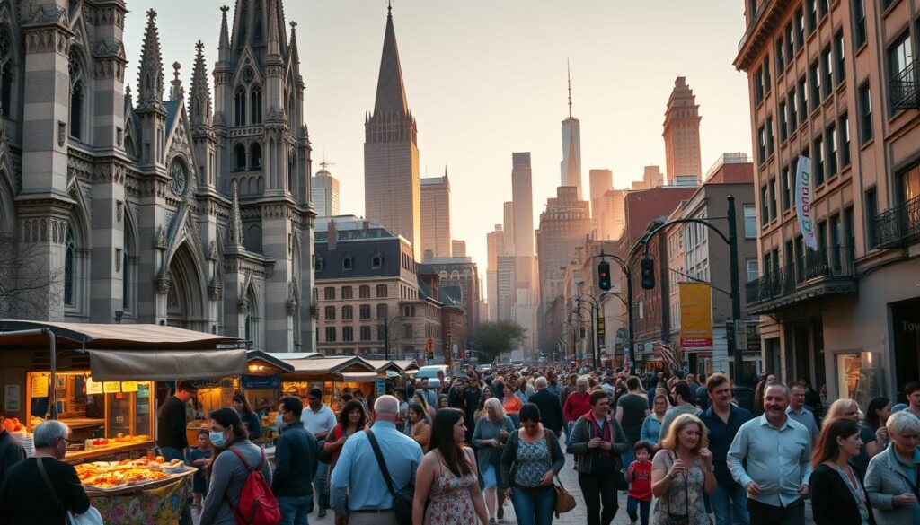 A bustling Catholic immigrant community in the heart of New York City. In the foreground, parishioners gather outside a stately cathedral, its towering spires and intricate facades reflecting the old-world elegance of their European heritage. Vendors sell wares and street food, their stalls adorned with vibrant colors and textures. In the middle ground, diverse families stroll the lively streets, their conversations and laughter mingling with the sounds of a local street band. The background is filled with the iconic skyline of Manhattan, its skyscrapers casting long shadows that create a warm, golden-hour glow over the scene. An atmosphere of faith, community, and the preservation of cultural traditions permeates the entire image.