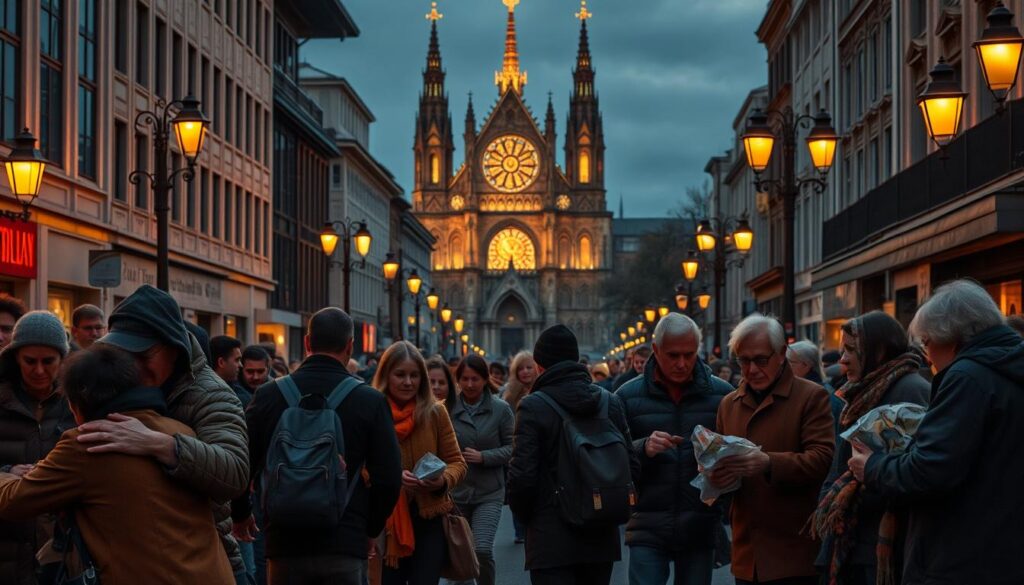 A bustling city street, dimly lit by warm, golden streetlamps. In the foreground, a diverse group of individuals engage in acts of compassion - a mother embracing a homeless man, a young person distributing food to the needy, an elderly person offering comfort to a distressed child. The middle ground features a mix of modern and historic architecture, conveying a sense of timelessness. In the background, a towering cathedral stands as a silent witness, its stained-glass windows casting a soft, reverent glow. The overall atmosphere is one of community, empathy, and the Catholic ideal of "love in action".