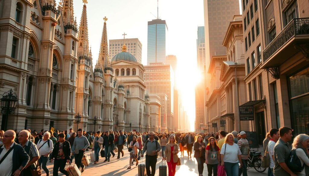 A bustling city street, illuminated by warm, golden sunlight filtering through towering cathedrals and ornate churches. In the foreground, a diverse crowd of immigrants – men, women, and children from various cultural backgrounds – navigate the sidewalks, carrying suitcases and sharing lively conversations. The middle ground showcases a vibrant mix of architectural styles, blending traditional Catholic influences with modern elements, reflecting the evolving nature of the urban landscape. In the background, skyscrapers and modern high-rises rise up, symbolizing the integration of the new and the old, as the Catholic faith continues to shape the public life and cultural fabric of the United States.