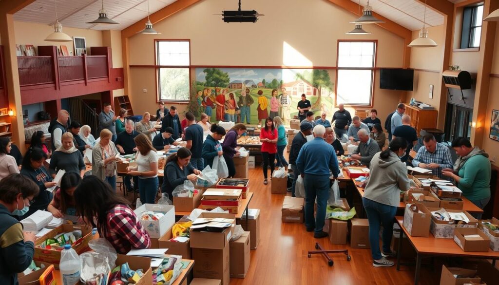 A bustling community center, its warm interior filled with people engaged in various volunteer activities. In the foreground, a group of volunteers sorting and packing donated goods for local families. In the middle ground, a vibrant mural depicting scenes of community togetherness. The atmosphere is one of energy and purpose, with natural lighting streaming in through large windows, casting a soft, inviting glow. Wooden floors and cozy furnishings create a welcoming, homely ambiance, encouraging visitors to linger and participate. The overall scene conveys a sense of connection, compassion, and the power of collective action to make a positive impact.