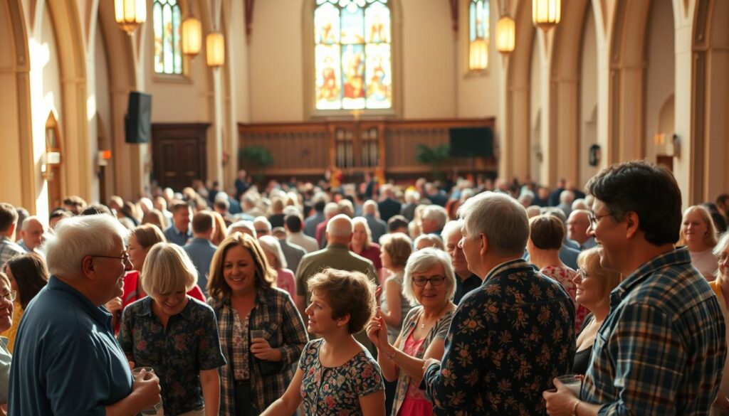A bustling community event at Annunciation Catholic Church, captured in warm, natural lighting. In the foreground, parishioners engage in lively conversation, their faces alight with joy. The middle ground showcases a variety of activities, from children playing games to adults participating in group discussions. In the background, the church's grand architecture and stained-glass windows create a serene, spiritual atmosphere, inviting all to partake in the vibrant parish community. The scene exudes a sense of togetherness, faith, and a deep connection to the local neighborhood.