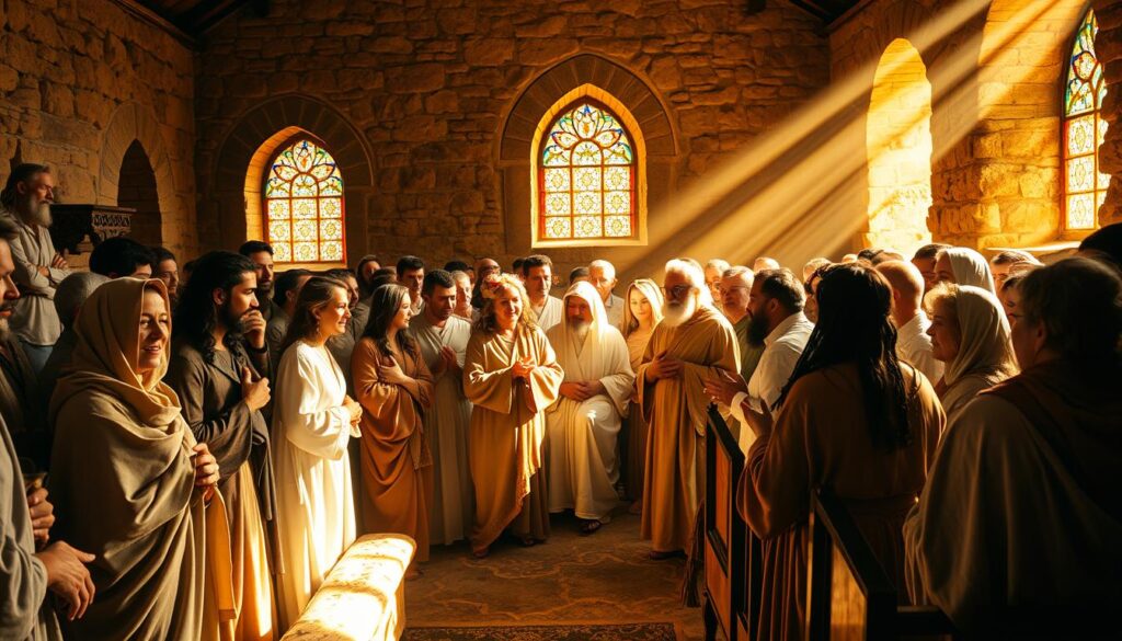 A bustling early church community, gathered in a modest stone structure bathed in warm, golden light. Worshippers in flowing robes converse animatedly, their faces expressing devotion and fellowship. In the foreground, elders lead a solemn ceremony, the scene imbued with a sense of reverence and spiritual connection. Sunlight streams through stained glass windows, casting kaleidoscopic patterns on the worn, wooden pews. The atmosphere is one of community, faith, and the enduring legacy of the apostolic roots of Christianity.