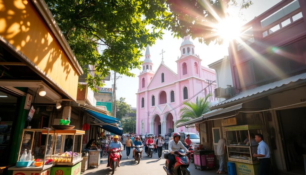 A bustling street in Ho Chi Minh City, Hai Trung Street is lined with vibrant shops, street food vendors, and the iconic Tan Dinh Catholic Church. Capture the scene with a wide-angle lens, showcasing the church's striking pink facade in the background, framed by the lively activity of the street. Sunlight dapples the scene, creating a warm, inviting atmosphere. In the foreground, colorful awnings and vendors' carts add a sense of energy and local culture. The middle ground features pedestrians and motorbikes weaving through the charming, narrow street. Convey the liveliness and character of this beloved neighborhood, inviting the viewer to imagine themselves strolling down Hai Trung Street towards the stunning Tan Dinh Church.