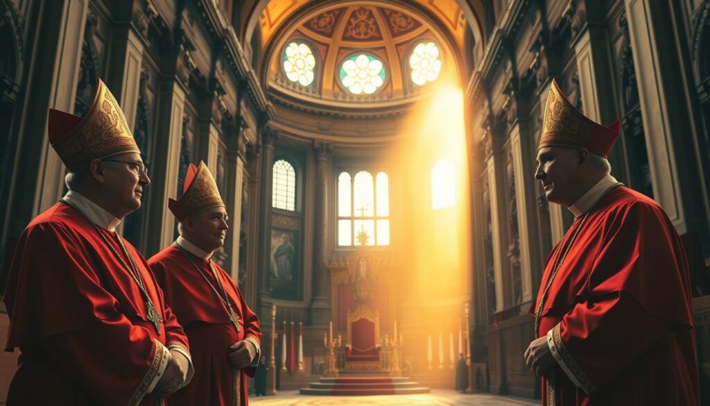 A cathedral interior bathed in warm, golden light. In the foreground, three cardinal bishops stand solemnly, their crimson robes and elaborate miters commanding attention. Their faces are thoughtful, their posture dignified, as they confer on matters of church governance. In the middle ground, a grand throne sits empty, awaiting the arrival of the pope. The background is filled with intricate architectural details - vaulted ceilings, stained glass windows, and ornate columns that rise up to meet the heavens. An atmosphere of reverence and tradition permeates the scene, reflecting the enduring power and influence of the College of Cardinals.