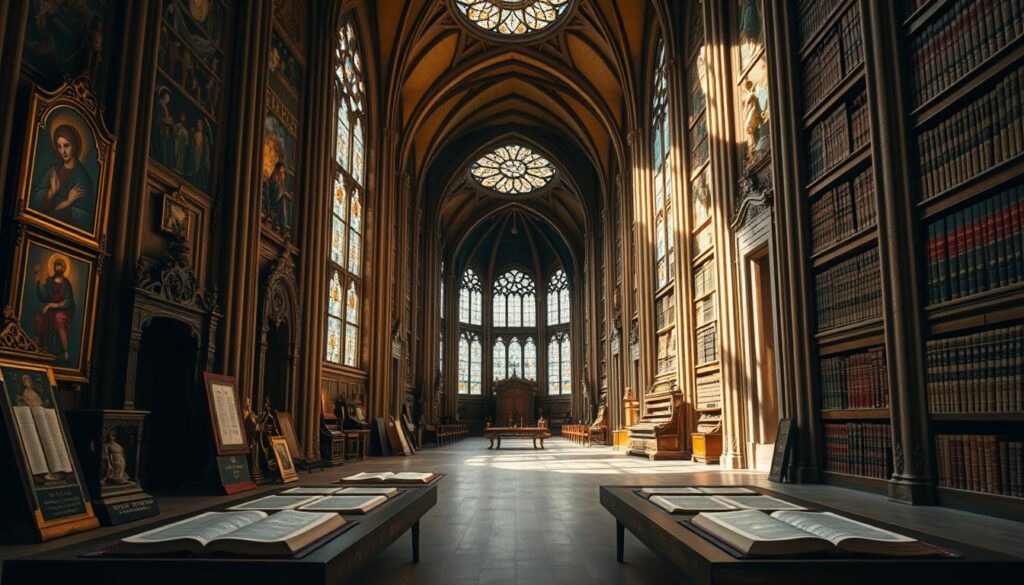 A cathedral-like structure, with two diverging paths leading into ornate doorways. The foreground features religious icons, manuscripts, and symbolic objects representing the differences in biblical canon between Christian denominations. The middle ground showcases towering stained-glass windows casting intricate patterns of light and shadow. In the background, a vast, ornate library with rows of ancient tomes, hinting at the scholarly traditions and historical debates surrounding scriptural interpretation. The scene is bathed in a warm, contemplative ambiance, evoking the weight and gravity of the subject matter.