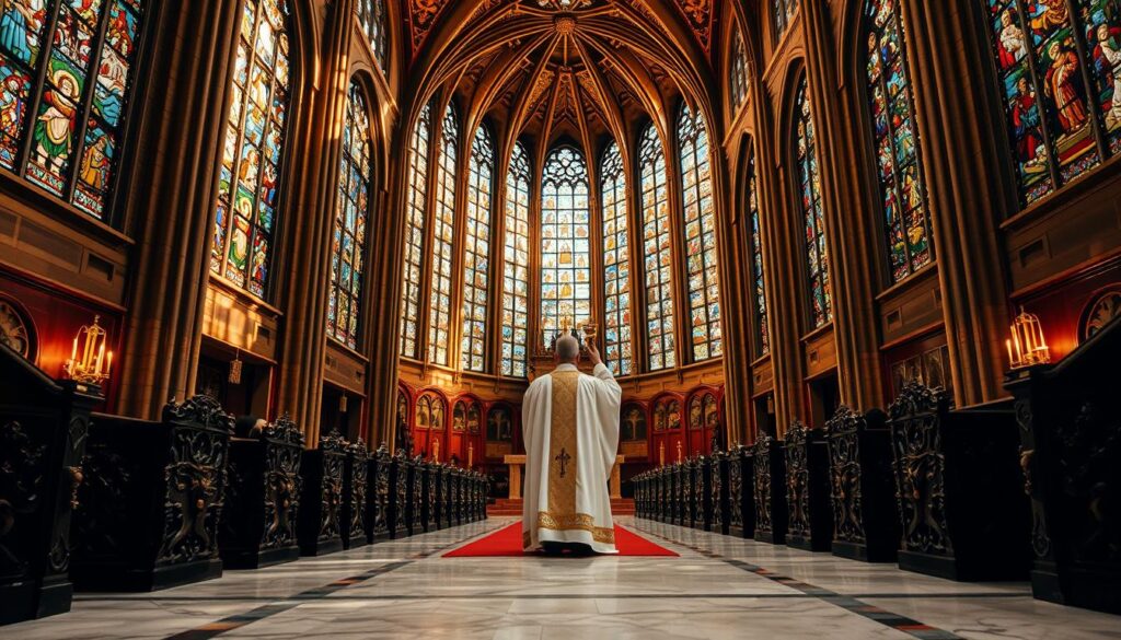 A cathedral's interior bathed in warm, reverent light, the stained glass windows casting a kaleidoscope of colors upon the marble floors. In the foreground, a priest kneels before the altar, his robes flowing gracefully as he raises the chalice, embodying the sacred ritual of the Eucharist. The middle ground features ornate wooden pews, carved with intricate designs, where congregants sit in contemplation. In the background, the vaulted ceilings soar, adorned with intricate religious iconography, evoking the grandeur and solemnity of the theological traditions that guide the priesthood. The overall scene exudes a sense of spiritual devotion and the profound connection between the clergy and their divine calling.