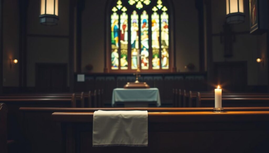 A catholic church interior, dimly lit with soft, warm lighting. In the foreground, a simple wooden altar with a plain white cloth. On the altar, a dignified urn containing cremated remains, its surface reflecting the flickering candlelight. The middle ground features a pew, its wooden slats smooth and worn, facing the altar. In the background, stained glass windows filter in muted colors, casting an ethereal glow. The overall atmosphere is one of reverence and solemnity, befitting the sacred nature of the cremated remains and their respectful placement within the church.