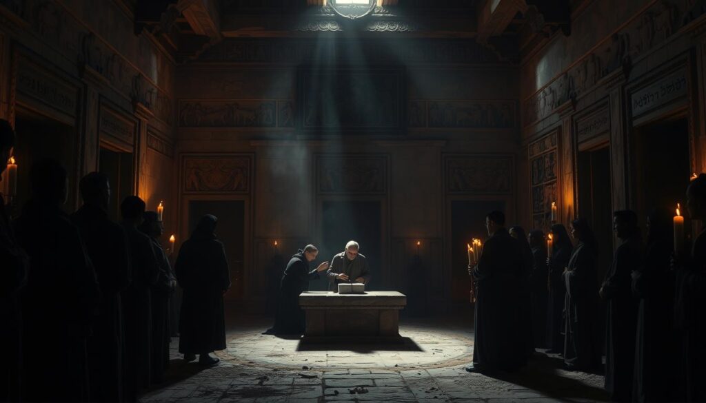 A ceremonial scene of ancient circumcision practices set in a dimly lit, dusty temple interior. In the foreground, a solemn ritual is underway, with a stone altar and a robed figure performing the procedure. Shadowy figures of onlookers line the walls, creating an air of reverence and solemnity. The middle ground is illuminated by flickering torchlight, casting dramatic shadows and highlighting the intricate architectural details of the space. In the background, ornate bas-relief carvings and tapestries adorn the temple walls, suggesting the historical significance and cultural traditions surrounding this ancient rite.