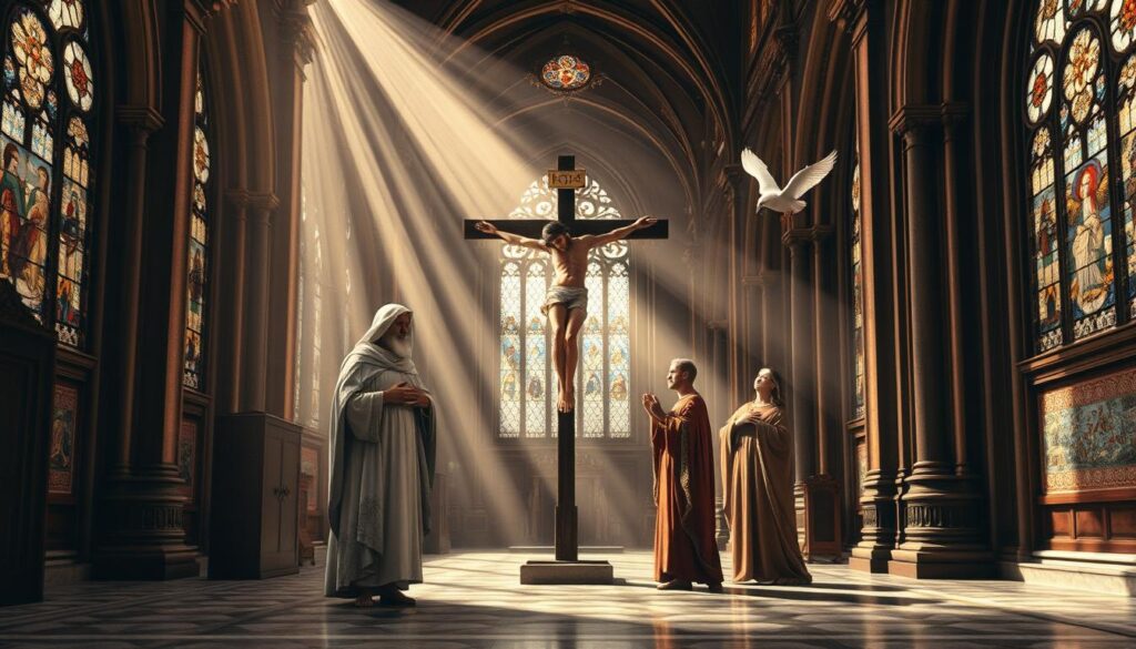 A classical religious oil painting depicting the Holy Trinity: God the Father as an elderly man, the Son Jesus Christ crucified, and the Holy Spirit as a dove. The scene is set in a grand church interior with ornate gothic arches, stained glass windows, and shafts of warm, heavenly light. The figures stand on a marble floor, with shadows and highlights adding depth and volume. The color palette is rich and muted, with a solemn, reverent atmosphere. The composition draws the viewer's gaze towards the central figure of Christ, emphasizing the Biblical foundations of the Catholic doctrine of the Holy Trinity.