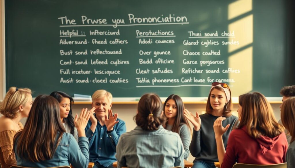 A classroom setting with a chalkboard in the background, displaying helpful pronunciation tips. In the foreground, a group of diverse students engaged in interactive learning, gesturing and practicing various sounds and phonemes. Warm, natural lighting illuminates the scene, creating a welcoming and educational atmosphere. The students are dressed in casual, everyday attire, reflecting a casual, informal learning environment. The composition is balanced, with the chalkboard and students occupying the frame in a visually appealing way. The overall mood is one of active learning, collaboration, and a focus on improving pronunciation skills.