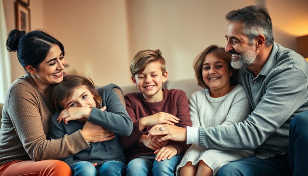 A close-knit family gathered in a warm, softly lit living room, their faces radiating a sense of belonging and contentment. In the foreground, a mother and father embrace their transgender child, their expressions filled with unconditional love and understanding. In the middle ground, siblings and grandparents sit together, their hands intertwined, creating a tapestry of faith and acceptance. The background is hazy, conveying a sense of safety and sanctuary, as if the family has created a sacred space within their home. The overall mood is one of profound connection, where differences are celebrated, and the strength of family ties transcends any labels or preconceptions.