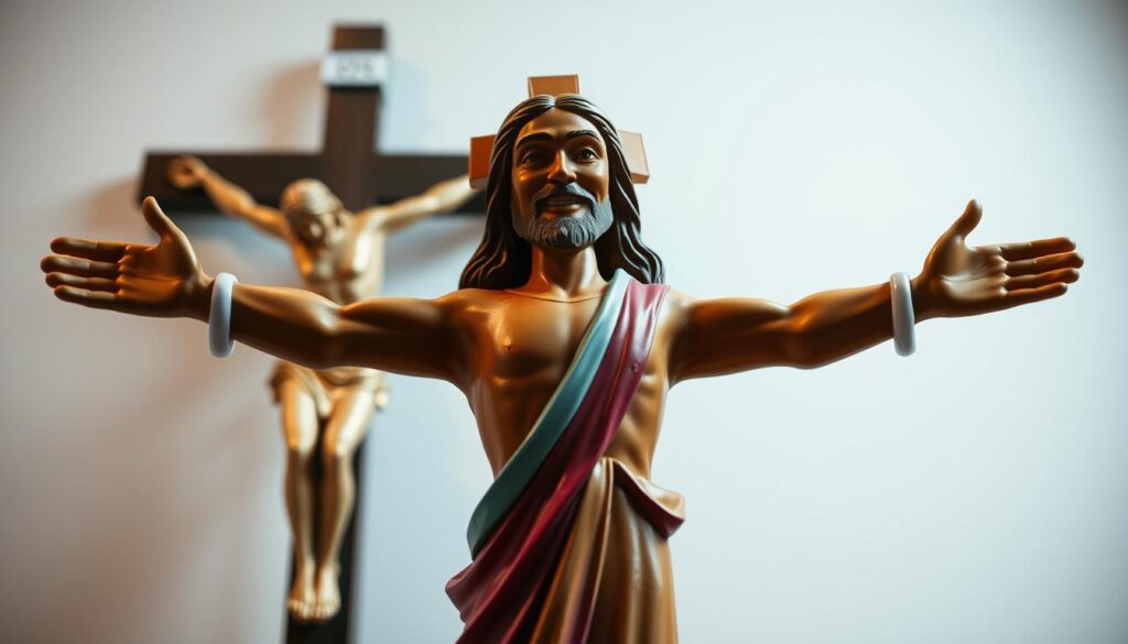 A close-up shot of a modern "Buddy Christ" statue standing confidently, its arms outstretched in a welcoming gesture, juxtaposed against a traditional crucifix in the background. The Buddy Christ is rendered in a vibrant, stylized manner, with a cheerful expression and bold colors, while the crucifix is depicted in a more somber, realistic style. The lighting is soft and diffused, creating a contemplative atmosphere that invites the viewer to ponder the contrast between the two religious representations. The composition emphasizes the juxtaposition, drawing the eye to the striking differences in form, expression, and symbolism between the two figures.