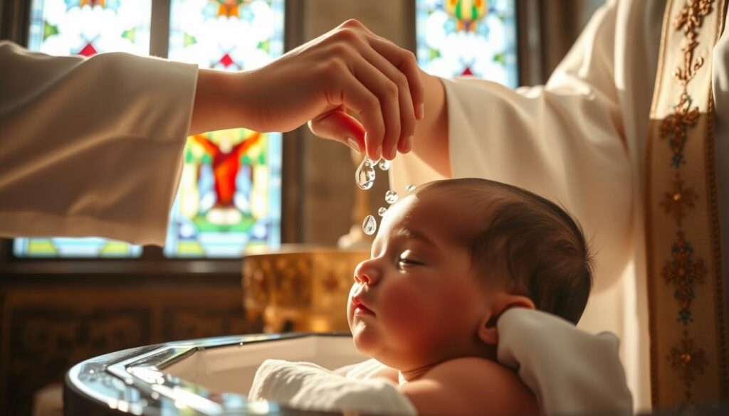 A close-up view of a Catholic baptism ritual, capturing the sacred act of blessing a newborn with holy water. The priest's hand gently pours the clear, shimmering liquid over the infant's head, as the child's eyes are closed in peaceful contemplation. Soft, warm lighting illuminates the scene, casting a reverent glow on the participants. In the background, the ornate baptismal font stands as a symbol of the child's spiritual rebirth, while elegant stained-glass windows filter the natural light, creating a serene, ethereal atmosphere. The image conveys the profound significance of this sacrament, marking the beginning of a life of faith.