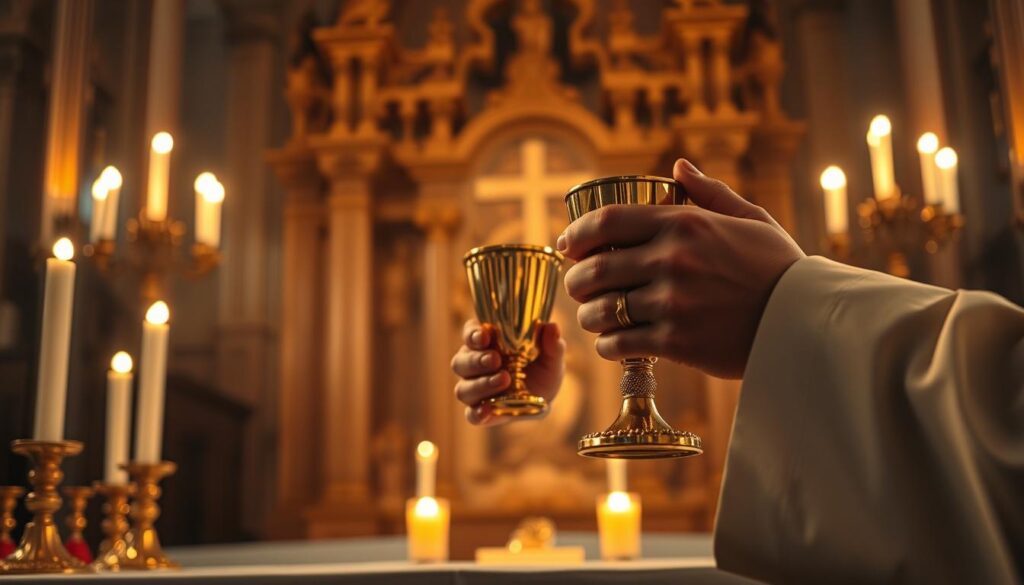 A close-up view of a holy communion service, with the priest's hands reverently holding the consecrated host and chalice against a dimly lit altar. The scene is bathed in warm, golden light from candles, creating a solemn, sacred atmosphere. The background features ornate religious architecture, hinting at the grand scale and historical significance of the Catholic Eucharistic celebration. The composition emphasizes the central act of transubstantiation, the belief that the bread and wine become the body and blood of Christ, conveying the profound spiritual significance of this sacrament at the heart of Catholic worship.