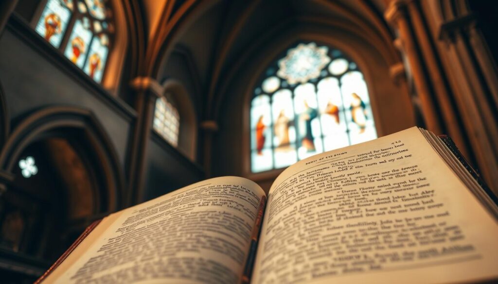 A close-up view of an open Book of Common Prayer, its ornate leather cover and gilded edges catching the warm, mellow light of a church interior. The pages reveal intricate, calligraphic text and ornamental initials, conveying the solemn, reverent atmosphere of Anglican liturgy. In the background, a vaulted ceiling casts dramatic shadows, while stained glass windows filter in a soft, ethereal glow. The image captures the essence of the Book of Common Prayer as the central liturgical text that shapes and guides the distinct practices of the Anglican faith.