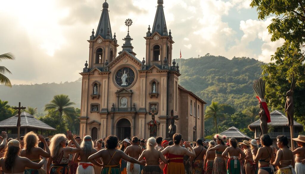 A colonial church stands tall, its ornate spires reaching skyward, casting shadows over a crowd of indigenous people engaged in spiritual rituals. In the foreground, a group of elders perform a ceremonial dance, their colorful garments swaying in the warm breeze. The middle ground reveals a fusion of European and native iconography, as statues of Catholic saints mingle with sacred totems. In the background, the lush, verdant landscape is dotted with thatched-roof huts, a testament to the lasting influence of traditional practices. Soft, golden light filters through the clouds, creating an atmosphere of reverence and cultural hybridity.