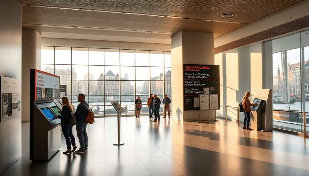 A contemporary museum interior with a sleek, minimalist design. In the foreground, a large information kiosk with digital displays and touchscreens, staffed by helpful museum guides. The middle ground features signage and wayfinding elements, directing visitors to different exhibitions and facilities. The background showcases large windows overlooking the picturesque canals of Amsterdam, bathed in warm, natural lighting. The overall atmosphere is one of efficiency, convenience, and a sense of cultural exploration, reflecting the practical information needs of museum visitors.