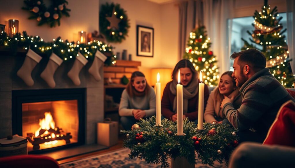 A cozy living room on a winter evening, the soft glow of a fireplace illuminating the scene. In the foreground, a family gathers around a decorated Advent wreath, its four candles flickering. Stockings hang from the mantelpiece, and a Christmas tree stands tall in the corner, adorned with twinkling lights and handmade ornaments. The family, dressed in warm, festive attire, shares a moment of reflection and connection, their faces filled with a sense of anticipation and wonder. The atmosphere is one of warmth, tradition, and the spirit of the Advent season.