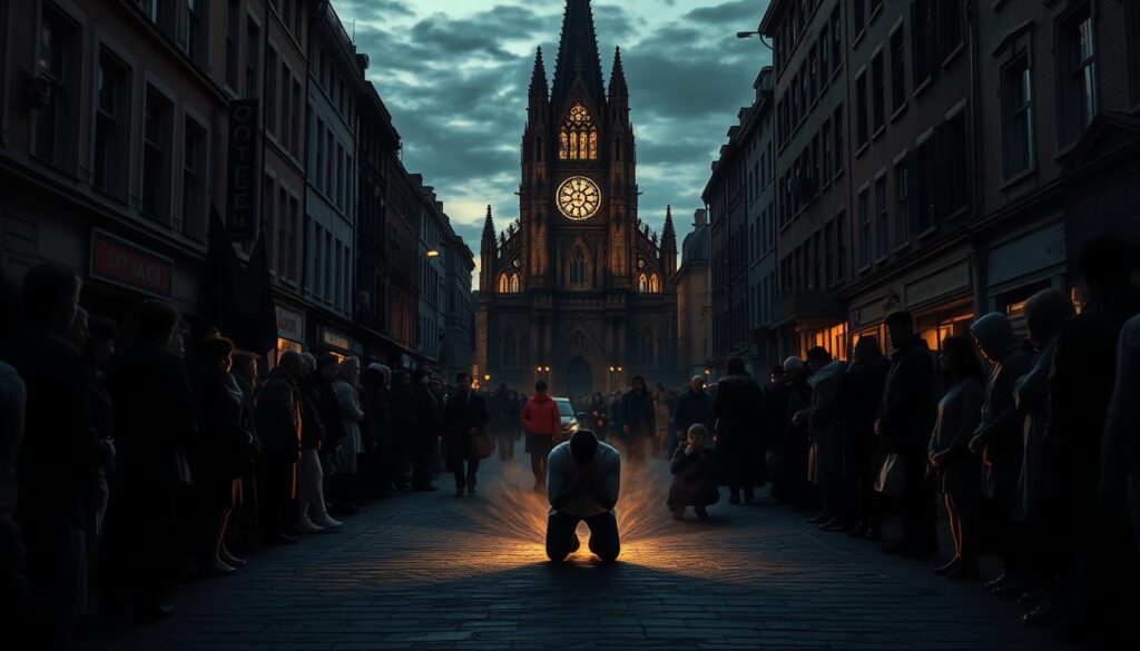 A crowded city street at dusk, the buildings casting long shadows. In the foreground, a group of people isolated and disconnected, their faces troubled and downcast. In the middle ground, a person kneeling in the street, head in hands, surrounded by a swirling mass of dark energy. In the background, a towering cathedral, its stained glass windows glowing with an eerie, otherworldly light. The atmosphere is somber, the lighting dramatic, hinting at the weight and consequences of sin. A cinematic, chiaroscuro scene capturing the social and personal toll of moral transgressions.