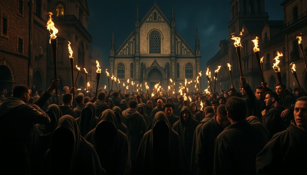 A crowded medieval town square, dimly lit by flickering torchlight. In the foreground, a group of cowering, robed figures represent the persecuted Jewish population, their faces etched with fear. In the middle ground, a mob of angry, torch-bearing townspeople advance menacingly, their expressions twisted with hatred. In the background, the imposing facade of a grand cathedral looms, symbolizing the influence of the Catholic Church. The scene is suffused with a somber, ominous atmosphere, conveying the historical tragedy of religious intolerance and violence.