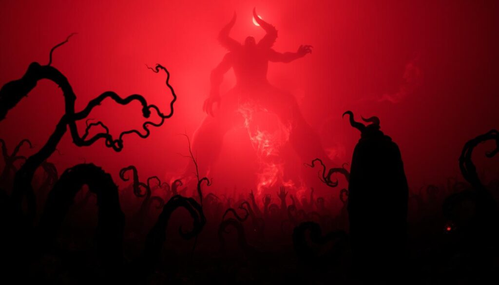 A dark, foreboding landscape enveloped in a hazy, crimson glow. In the foreground, a twisted, demonic figure looms, its eyes burning with an unholy light. Shadowy tendrils writhe and coil, reaching out from the depths of a churning, hellish abyss. The middle ground is dominated by a towering, monstrous presence, its gaping maw unleashing a torrent of twisted, nightmarish visions. The background is shrouded in a swirling, hellfire-tinged mist, where the silhouettes of tortured souls can be glimpsed, screaming in agony. Dramatic chiaroscuro lighting casts deep, ominous shadows, heightening the sense of dread and unease. The entire scene conveys a overwhelming atmosphere of spiritual darkness and the presence of pure, unadulterated evil.