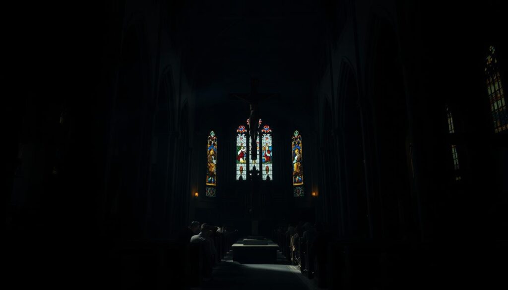 A dark, gloomy cathedral interior bathed in dramatic chiaroscuro lighting. In the foreground, an ornate crucifix casts ominous shadows, symbolizing the weight of guilt and sin. Kneeling worshippers cower in the middle ground, their faces wracked with anguish and contrition. In the background, stained glass windows filter in shafts of colored light, evoking the tainted spirituality of Catholic doctrine. The atmosphere is one of oppressive solemnity, reflecting the heavy burden of Catholic guilt and the dark psychology of sin.