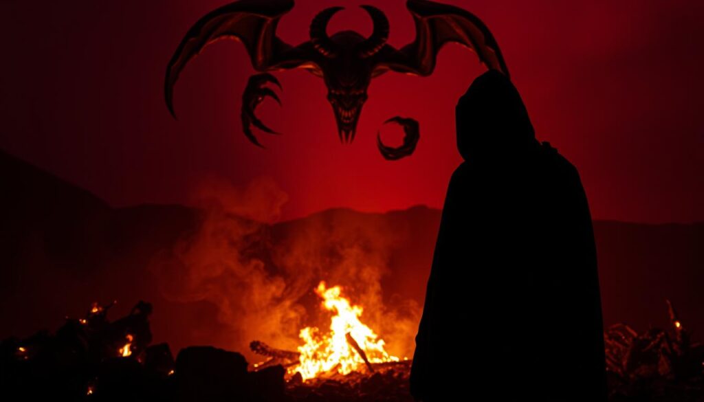 A dark, ominous scene depicting the weight of mortal sin. In the foreground, a shadowy figure stands, their face shrouded in a cloak of guilt and despair. Surrounding them, glowing embers and swirling smoke suggest the fires of hell, a visual metaphor for the grave consequences of grave transgressions. In the middle ground, a looming, demonic presence hovers, its clawed hands reaching towards the sinner, a tangible representation of the temptations and corruptions that lead to mortal sin. The background is a bleak, crimson-hued landscape, a hellish realm where the unrepentant must face eternal damnation. Dramatic chiaroscuro lighting casts dramatic shadows, heightening the sense of foreboding and the weight of mortal sin.