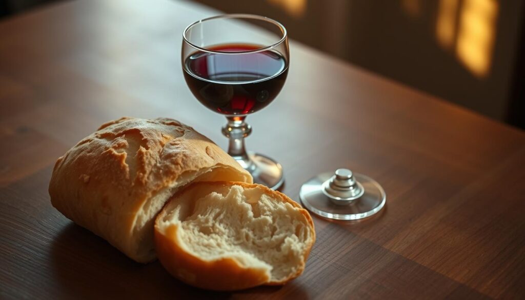 A delicate arrangement of communion bread and sacramental wine, resting upon a simple wooden table. The bread, freshly baked and gently torn, exudes a warm, yeasty aroma. Nearby, a crystal chalice filled with deep, ruby-red wine reflects the warm, muted lighting overhead. Soft shadows and highlights create a contemplative, reverential atmosphere, evoking the solemnity and significance of this sacred ritual. The scene is captured through a medium-wide angle lens, allowing the viewer to appreciate the elegant simplicity and symbolic weight of these humble, yet profound elements of Christian worship.