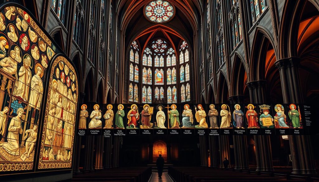 A detailed church history timeline, depicted as a series of intricately crafted stained glass panels. The foreground features a central panel showcasing key events and figures from the early centuries of Christianity, with delicate lines and vibrant colors. The middle ground displays a progression of panels charting the major schisms, councils, and reformations that shaped the development of Catholicism. The background is a vast cathedral interior, bathed in warm, soft lighting, with intricate gothic arches and ornate, shadowy alcoves.