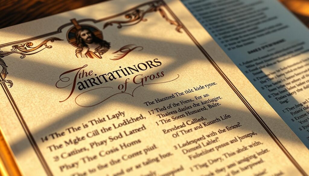 A detailed close-up illustration of a Catholic prayer guide for the 14 Stations of the Cross. The guide features elegant calligraphic text and ornate religious imagery, with a vignette design and a tactile, parchment-like texture. The lighting is soft and warm, casting subtle shadows that accentuate the depth and dimensionality of the guide's surface. The angle is slightly angled, providing a sense of depth and drawing the viewer's eye towards the center of the composition. The overall mood is contemplative and reverent, befitting the devotional nature of the subject matter.