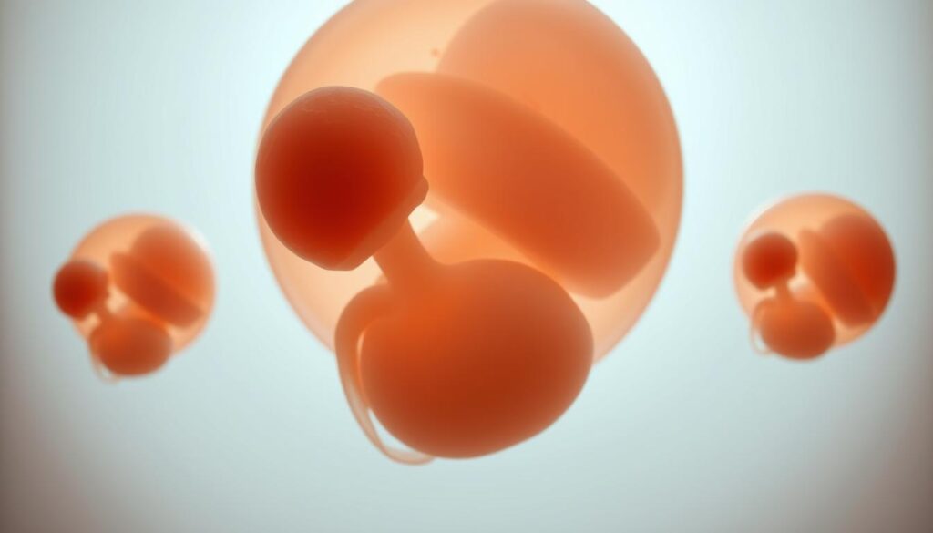 A detailed close-up of the sequential stages of human embryo development, rendered in a scientifically accurate and visually striking manner. Crisp, high-resolution imagery showcasing the gradual cellular division and growth, captured through a macro lens with soft, diffused lighting that highlights the delicate structures. The embryo forms appear to float in a serene, minimalist background, conveying a sense of reverence and contemplation around the origins of human life. The composition and color palette evoke a meditative, almost sacred atmosphere, suitable for illustrating the intersection of science, conscience, and religious belief.