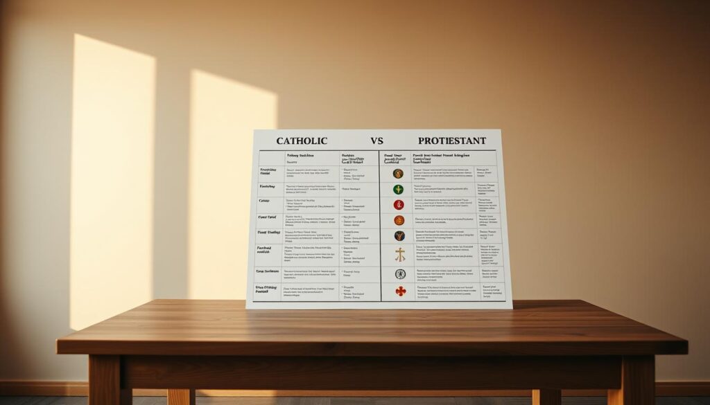 A detailed comparison chart showcasing the key differences between Catholic and Protestant traditions. The chart is presented on a wooden table, illuminated by warm, natural lighting from a large window. The background features a muted, neutral-toned wall, creating a calm and contemplative atmosphere. The chart itself is meticulously designed, with clean typography, distinct columns, and visually striking icons or symbols representing the respective beliefs and practices. The overall composition conveys a sense of balanced, scholarly analysis, inviting the viewer to thoughtfully consider the nuances between these two major Christian denominations.