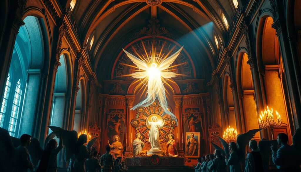 A detailed, dramatic depiction of the Catholic doctrine on the creation of the human soul. Centered is a glowing, ethereal figure representing the divine spark of life, surrounded by intricate religious iconography and symbolism. In the foreground, angelic figures gaze upon the scene with reverence, while in the background, a vaulted cathedral ceiling arches overhead, casting warm, heavenly light. The overall atmosphere is one of mysticism, spirituality, and the profound mystery of the soul's divine origin.
