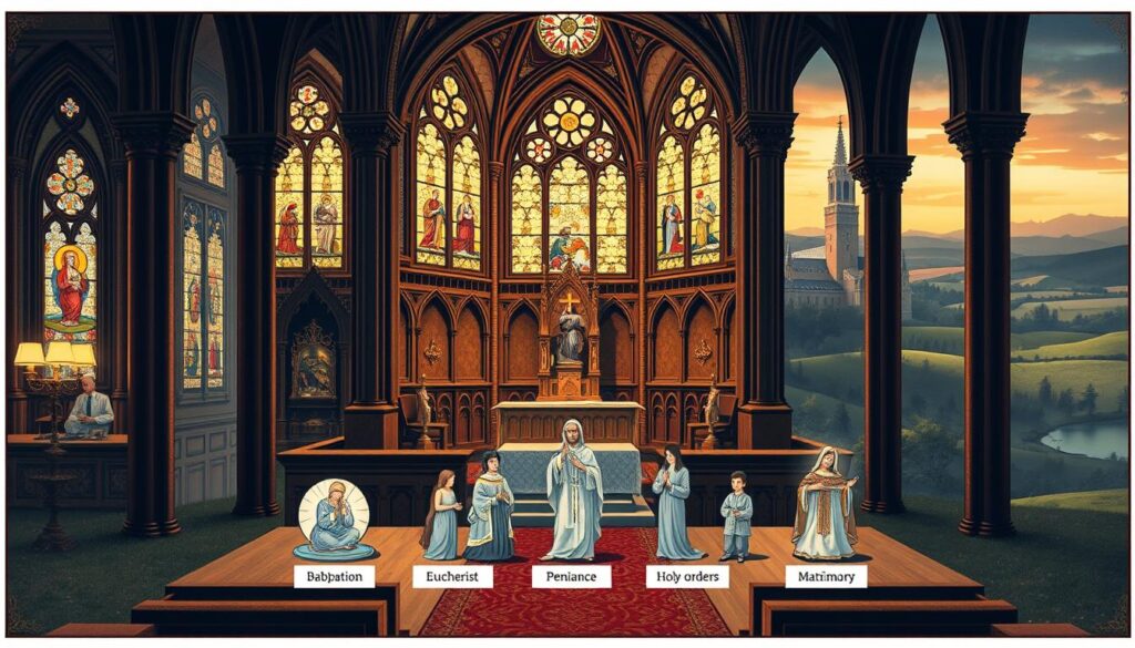 A detailed illustration of the seven sacraments of the Roman Catholic Church. In the foreground, a central scene depicts the key sacraments - baptism, confirmation, eucharist, penance, anointing of the sick, holy orders, and matrimony - each represented by a symbolic icon or figure. The middle ground features an ornate, gothic-style church interior with stained glass windows casting warm, reverent lighting. In the background, a serene landscape with rolling hills and a distant cathedral spire, conveying the grandeur and timelessness of Catholic tradition. The overall atmosphere is one of solemnity, reverence, and the sacred rituals that define Catholic spiritual life.